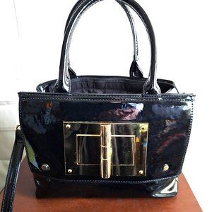 Black Vinyl Patent Leather Look Satchel Crossbody Purse - Handbag - Gold Accent